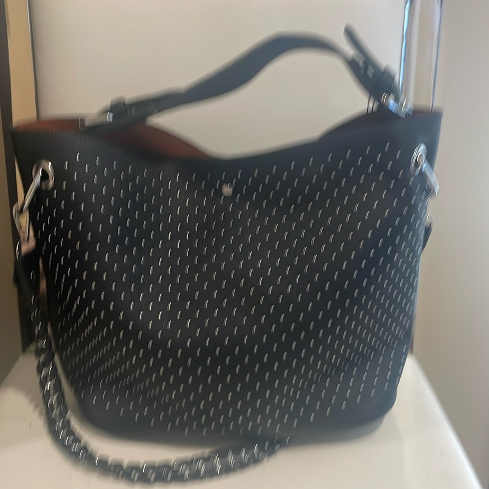 Black leather tote   Shoulder bag with metal detail on front ,